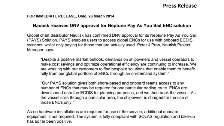 Nautisk receives DNV approval for Neptune Pay As You Sail ENC solution