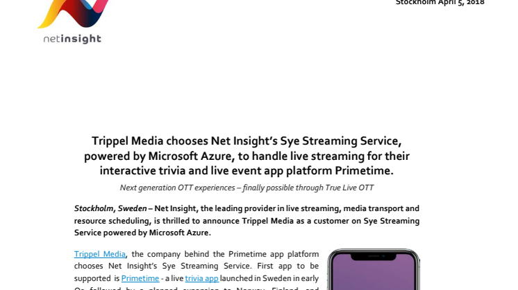 Trippel Media väljer Sye Streaming Service, en molntjänst på Microsoft Azure, för live-streaming till deras interaktiva live app-plattform PrimeTime