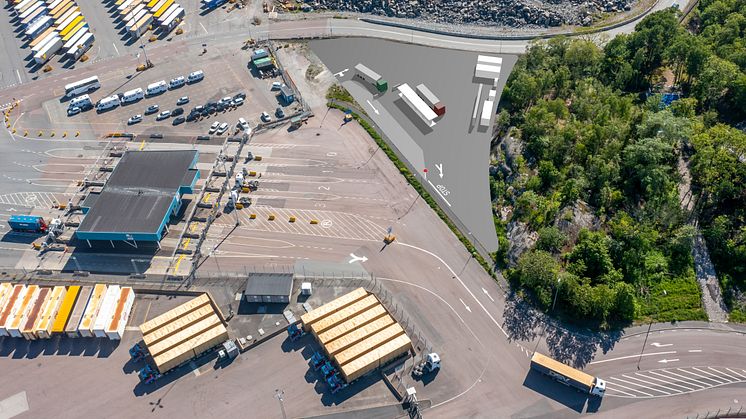 Visionsbild över den kommande vätgastankstationen i Göteborgs hamn. Montage: Nilsson Energy/Göteborgs Hamn AB.