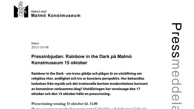 Pressinbjudan: Rainbow in the Dark på Malmö Konstmuseum 15 oktober