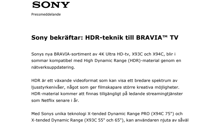 Sony bekräftar: HDR-teknik till BRAVIA™ TV