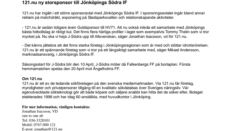 121.nu ny storsponsor till Jönköpings Södra IF