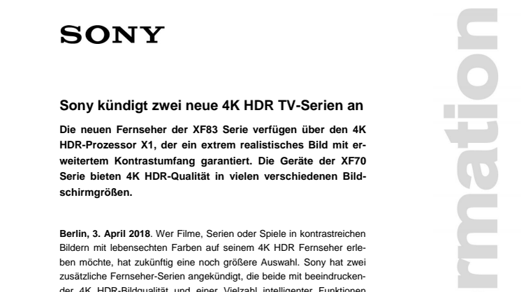 Sony kündigt zwei neue 4K HDR TV-Serien an 