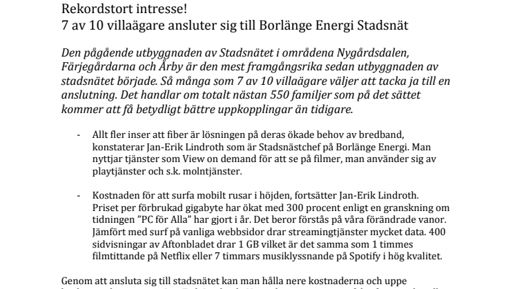 Rekordstort intresse! 7 av 10 villaägare ansluter sig till Borlänge Energi Stadsnät
