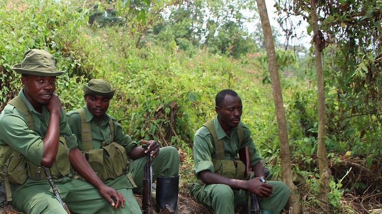 Rangere i regnskoven i Virunga Nationalparken i DR Congo tager sig en tiltrængt pause. Foto af Jonas Schmidt Hansen