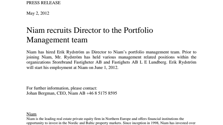 Niam recruits Director to the Portfolio Management team