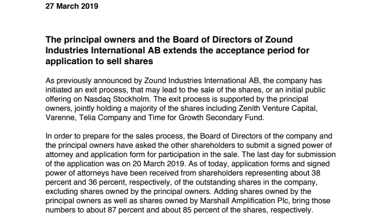 The principal owners and the Board of Directors of Zound Industries International AB extends the acceptance period for application to sell shares