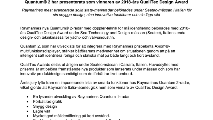 Raymarine: Quantum® 2 har presenterats som vinnaren av 2018-års QualiTec Design Award 