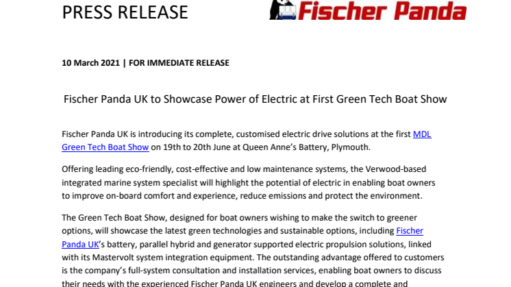 Fischer Panda UK to Showcase Power of Electric at First Green Tech Boat Show