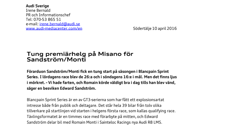 Tung premiärhelg på Misano för Sandström/Monti