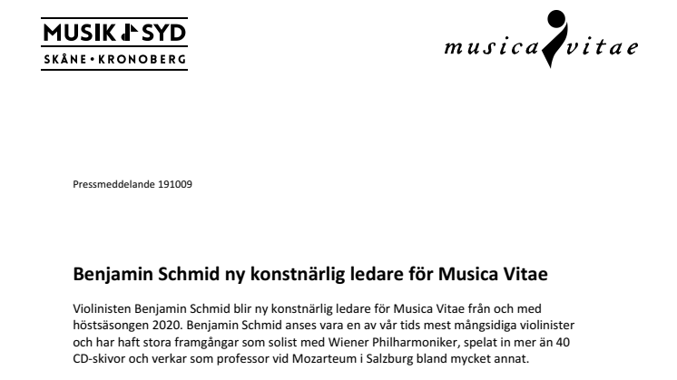 Benjamin Schmid ny konstnärlig ledare för Musica Vitae