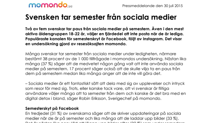 Svensken tar semester från sociala medier 