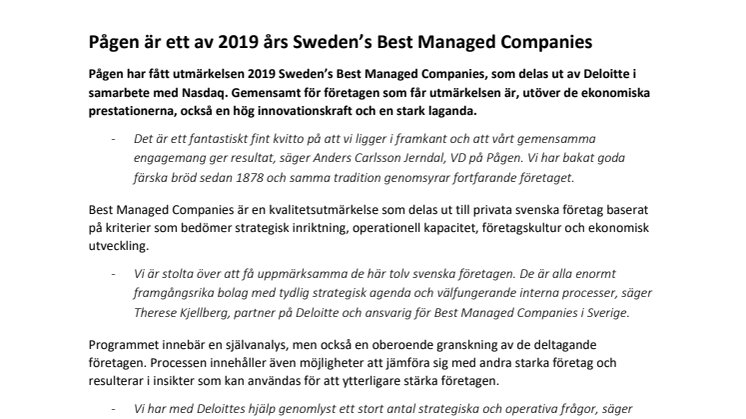 Pågen är ett av 2019 års Sweden's Best Managed Companies