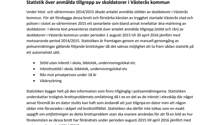 Statistik över anmälda tillgrepp av skoldatorer i Västerås kommun