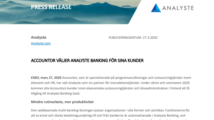 ACCOUNTOR VÄLJER ANALYSTE BANKING FÖR SINA KUNDER