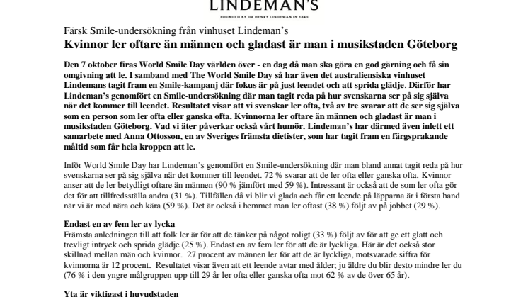 Färsk Smile-undersökning från vinhuset Lindeman’s  - Kvinnor ler oftare än männen och gladast är man i musikstaden Göteborg