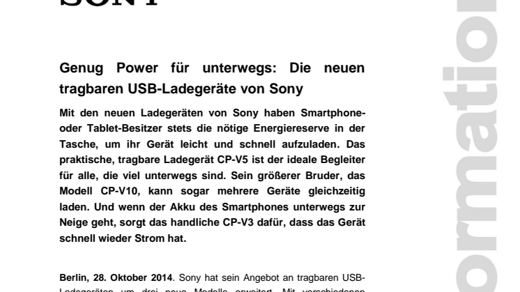 Genug Power für unterwegs: Die neuen  tragbaren USB-Ladegeräte von Sony 