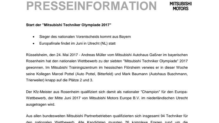 Start der "Mitsubishi Techniker Olympiade 2017" 