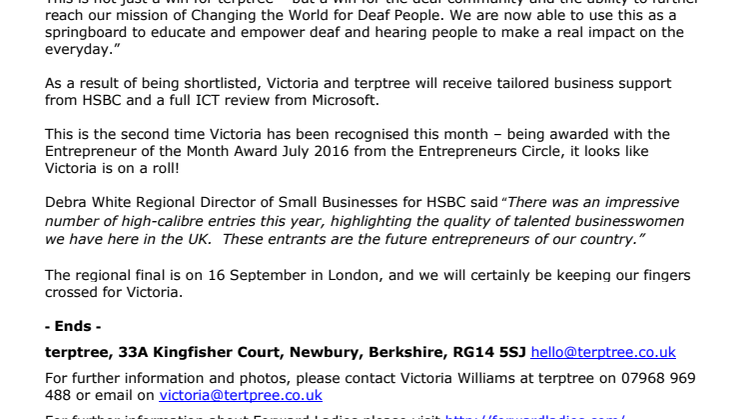Berkshire‐based terptree is shortlisted for prestigious National Women in Business Award, sponsored by HSBC