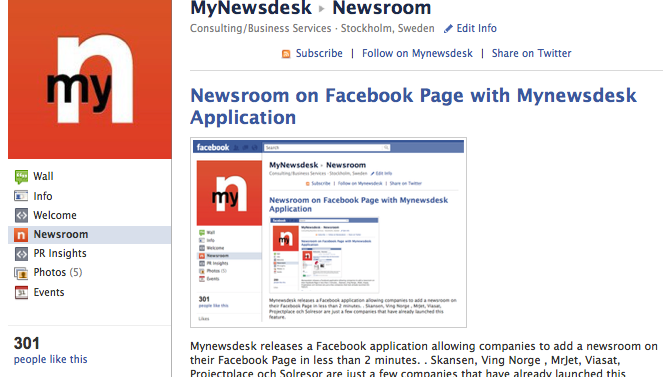 Presserum på Facebook med Mynewsdesk applikation