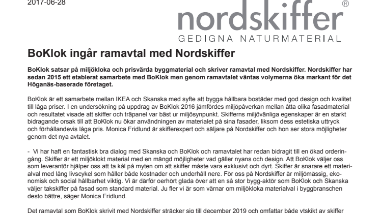 BoKlok ingår ramavtal med Nordskiffer