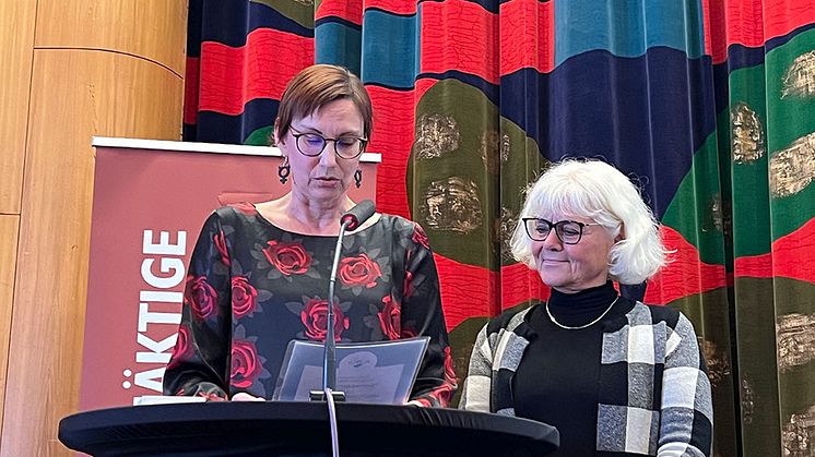 Birgitta Wellborg, FRG, fick ta emot Piteåmedaljen av kommunstyrelsens ordförande Helena Stenberg.    Foto: Ann-Sofie Boman