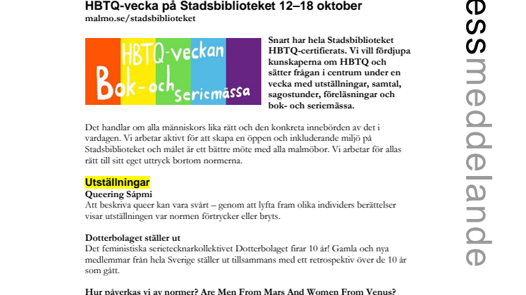 ​HBTQ-vecka på Stadsbiblioteket 12–18 oktober