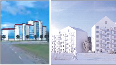 Tidigare samt aktuellt förslag till bebyggelse. Illustrationerna visar byggnaderna sedda från korsningen Älgvägen/ Mariehemsvägen. 