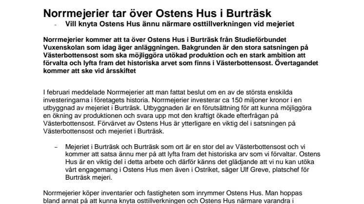 Norrmejerier tar över Ostens Hus i Burträsk - vill knyta Ostens Hus ännu närmare osttillverkningen vid mejeriet