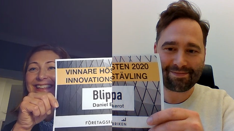 På grund av Covid-19 blev det en digital prisceremoni då Blippa utsågs som vinnare. Till vänster Sandra Ruuda, VD för Företagsfabriken och till höger Daniel Ekerot, medgrundare av Blippa.