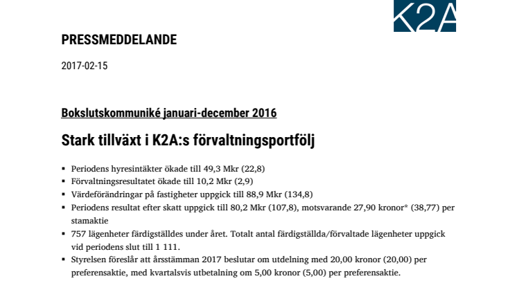 K2A bokslutskommuniké januari-december 2016