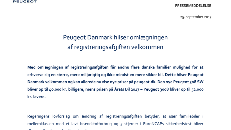 Peugeot Danmark hilser omlægningen af registreringsafgiften velkommen