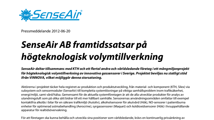 SenseAir AB framtidssatsar på högteknologisk volymtillverkning