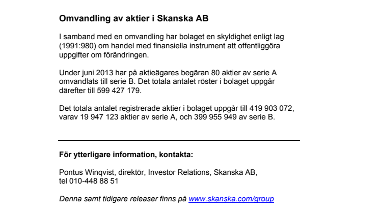 Omvandling av aktier i Skanska AB 