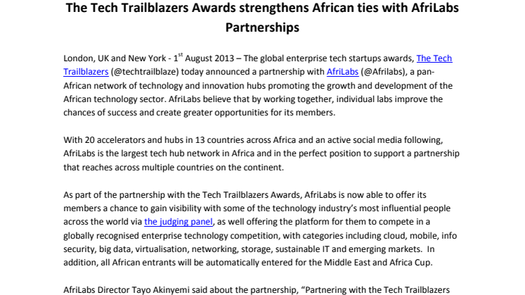 The Tech Trailblazers Awards strengthens African ties with @AfriLabs Partnerships #TTAwards @Techtrailblaze