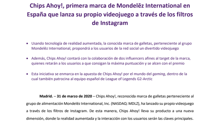 Chips Ahoy!, primera marca de Mondelēz International en España que lanza su propio videojuego a través de los filtros de Instagram