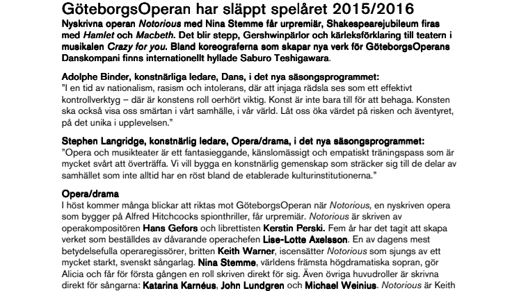 GöteborgsOperan har släppt spelåret 2015/2016 