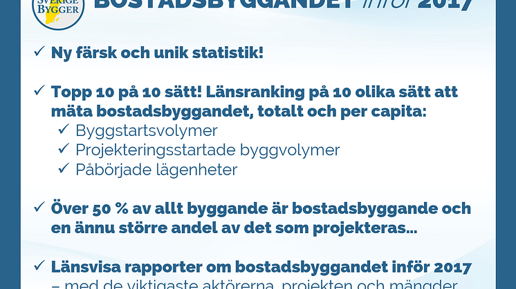 De hetaste länen inom bostadsbyggandet enligt 10 sätt att mäta. Färsk och unik statistik från Sverige Bygger inför 2017.