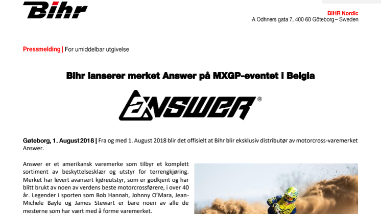 Bihr lanserer merket Answer på MXGP-eventet i Belgia