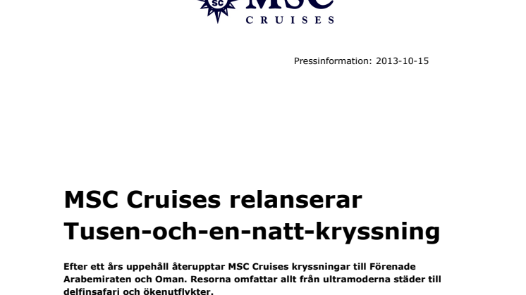 MSC Cruises relanserar Tusen-och-en-natt-kryssning