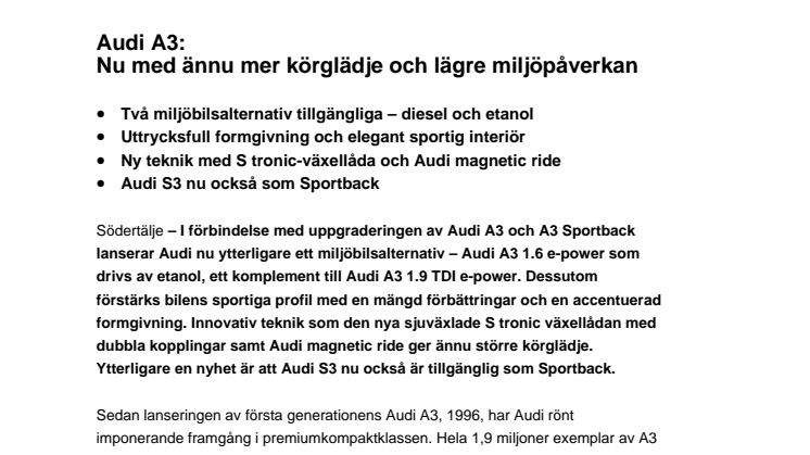Audi A3: Nu med ännu mer körglädje och lägre miljöpåverkan