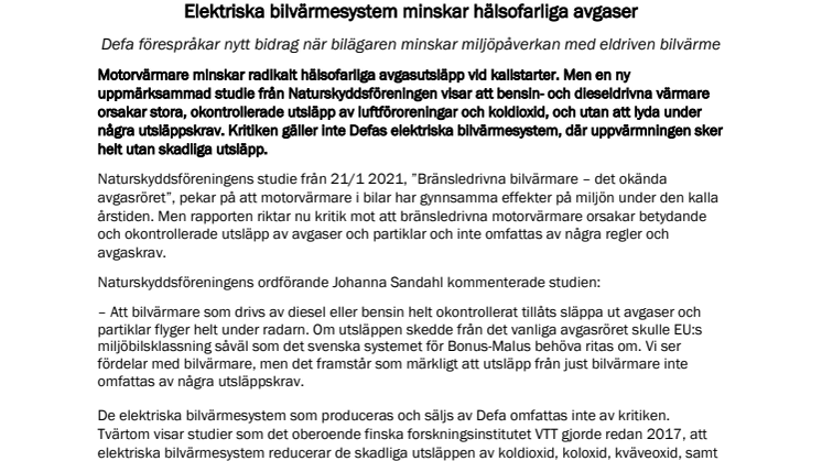 Elektriska bilvärmesystem minskar hälsofarliga avgaser - Defa förespråkar nytt bidrag när bilägaren minskar miljöpåverkan med eldriven bilvärme