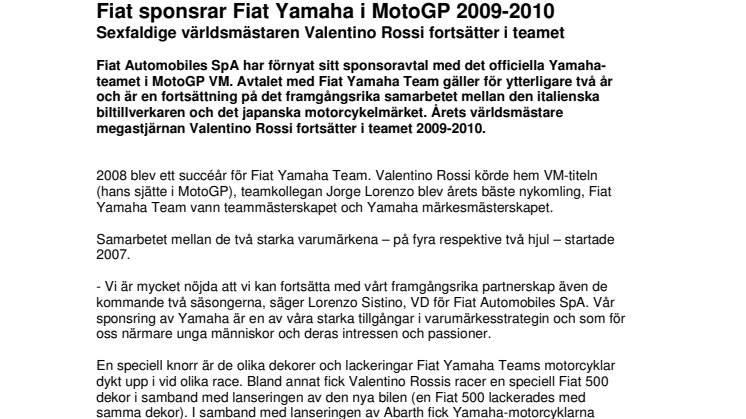 Fiat fortsätter att sponsra världsmästarteamet i MotoGP