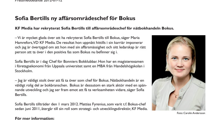 Sofia Bertills ny affärsområdeschef för Bokus