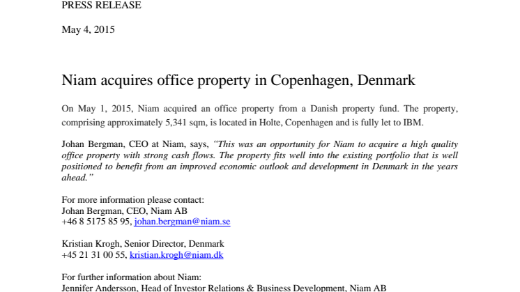 Niam acquires office property in Copenhagen, Denmark