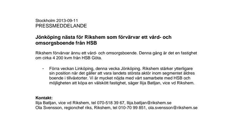 Jönköping nästa för Rikshem som förvärvar ett vård- och omsorgsboende från HSB 