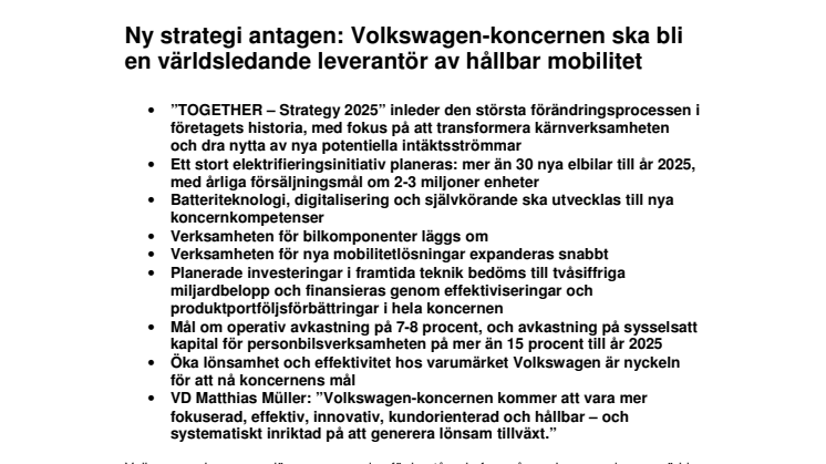 Ny strategi antagen: Volkswagen-koncernen ska bli en världsledande leverantör av hållbar mobilitet