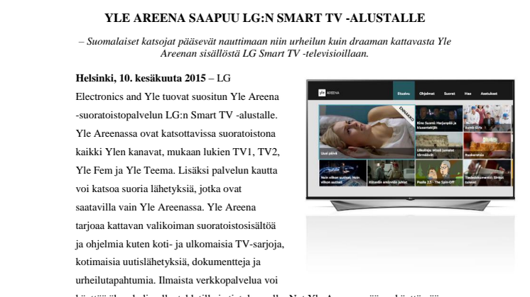 YLE AREENA SAAPUU LG:N SMART TV -ALUSTALLE
