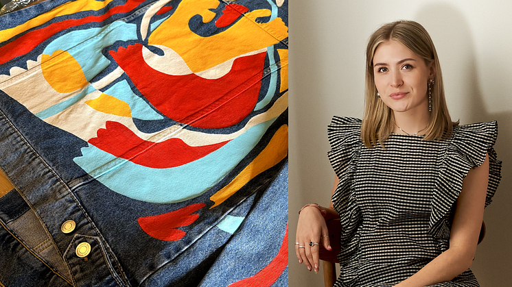 Göteborgskonstnären Elin PK och den jeansjacka hon dekorerat med ett konstverk inför Jeansjackans dag i Nordstan 6 april