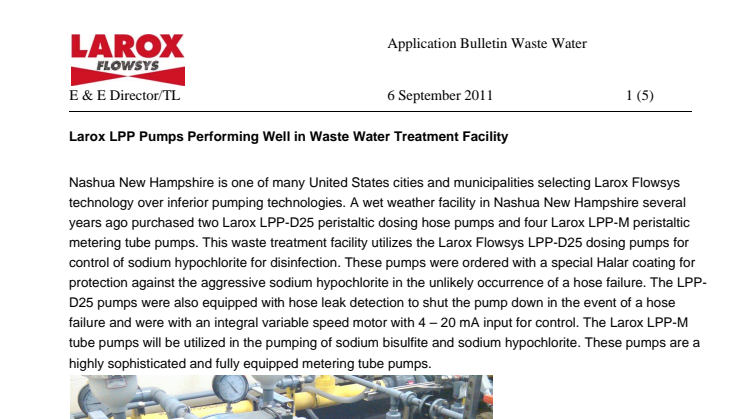 Larox LPP Pumps Performing Well in Waste Water Treatment Facility